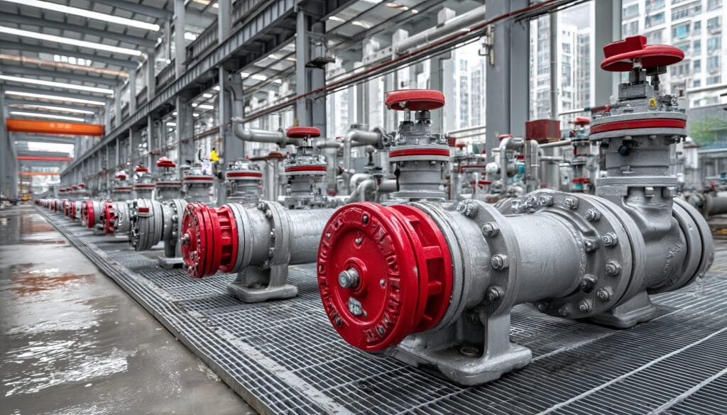 Industrial water pumps with red valves in large factory setting, showcasing modern equipment and clean environment